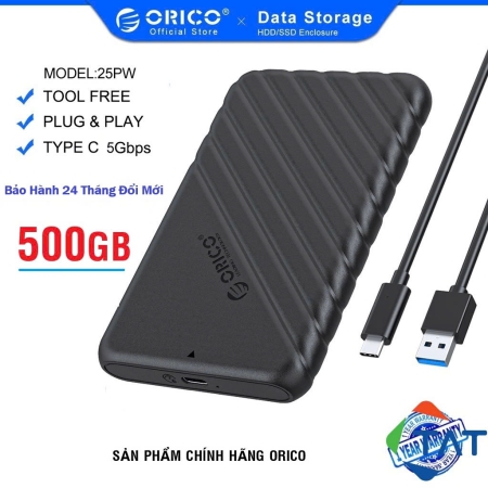 Box Ổ Cứng Di Động ORICO Type-C 500GB - Chính Hãng, Bảo Hành Đổi Mới 24 Tháng